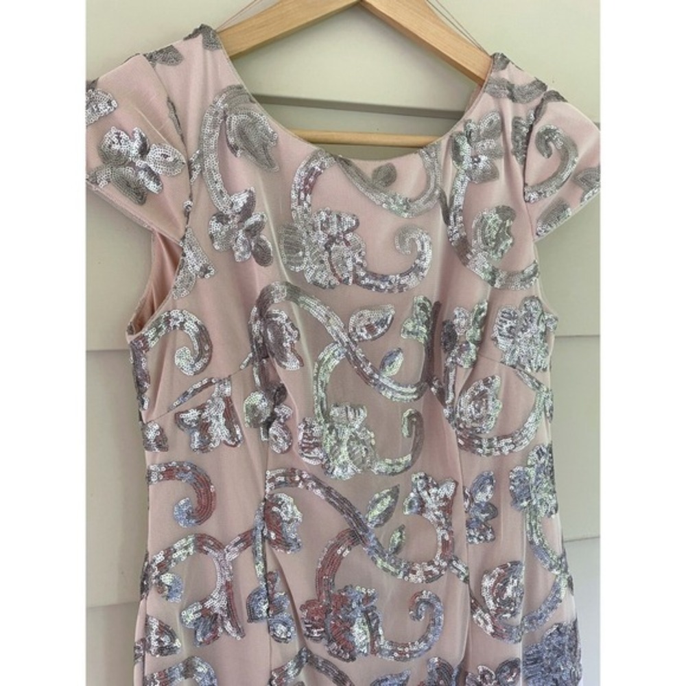S‎ 6 Soft Pink Silver Sequin Sheath Dress Adrianna Papell Formal Cocktail Party